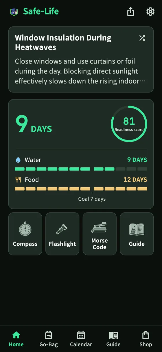 Safe-Life app home screen: daily survival tip, days you can last, go-bag score and survival guides